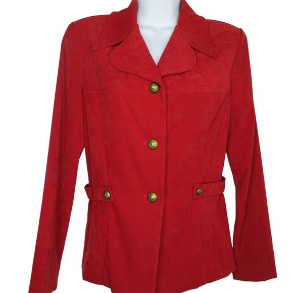 Vintage 80s Red Faux Suede Jacket Blazer M Button Waist Shoulder Pads USA Made - Picture 2 of 9